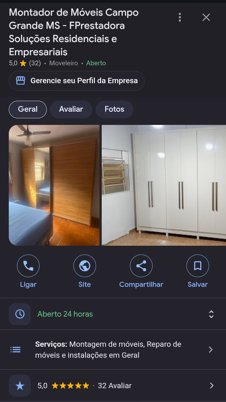 Perfil da FPrestadora no Google Meu Negócio mostrando nota 5.0 com 32 avaliações