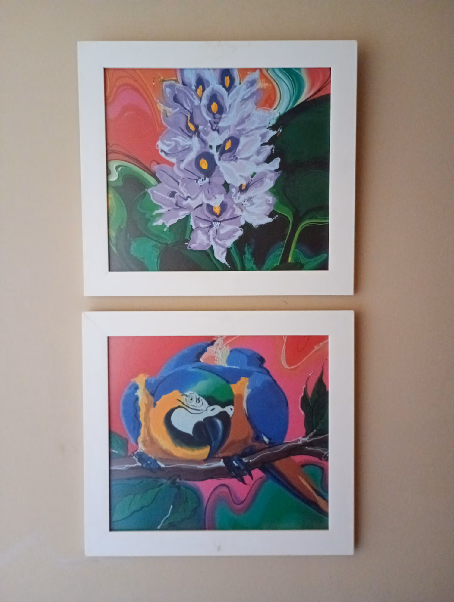 Dois quadros decorativos com moldura branca fixados alinhados em parede de sala